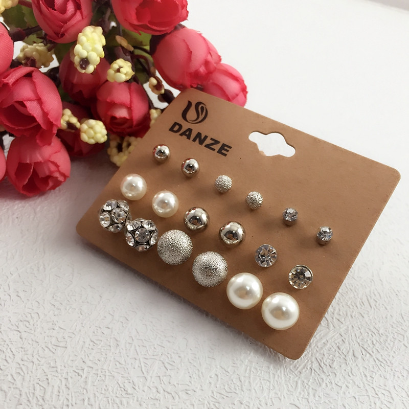 9 Pairs Crystals And Pearl Earrings Set on Luulla